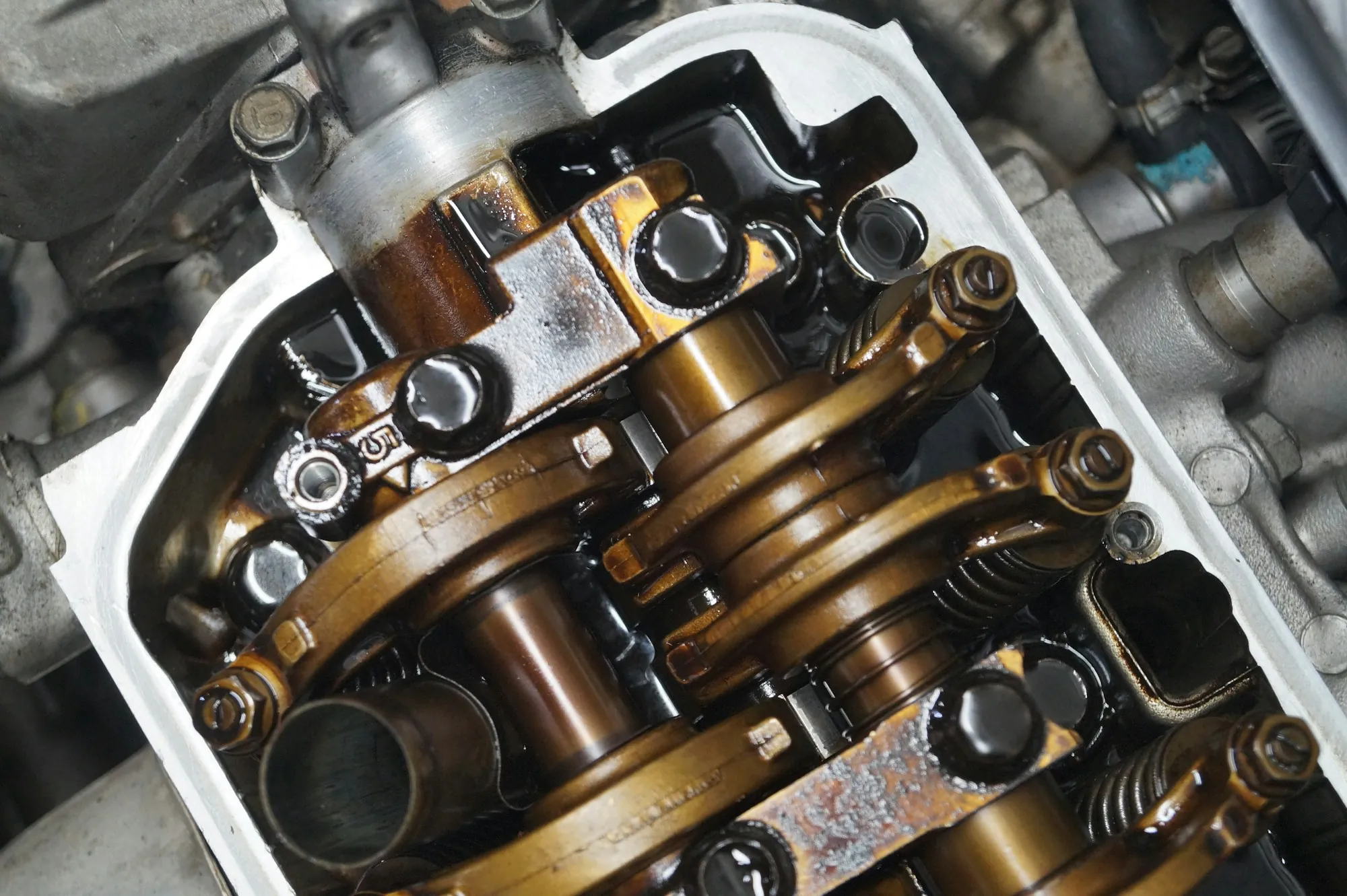 Close view of an engine's camshaft and valve springs