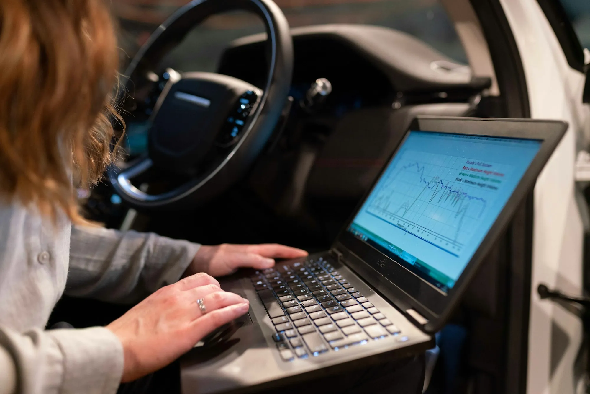 Technician using a laptop connected to a car's diagnostic port